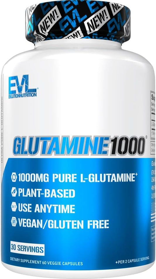 Evlution Nutrition L-Glutamine 1000, 1g Pure L Glutamine Per Serving, Post Workout, Nitrogen Transporter, Immune Support, Vegan, Gluten-Free, Veggie Capsules (30 Servings)