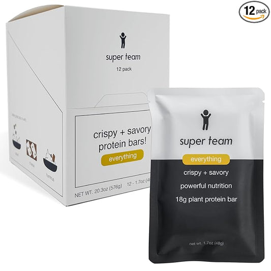 Super Team Savory + Crispy Protein Bars - Everything Bagel - 12-Count Snack Bars - High Protein (18g), High Fiber (7g), Low Sugar (1g) - Gluten Free, Nut Free, Soy Free, Vegan Plant Based Meal Replacement