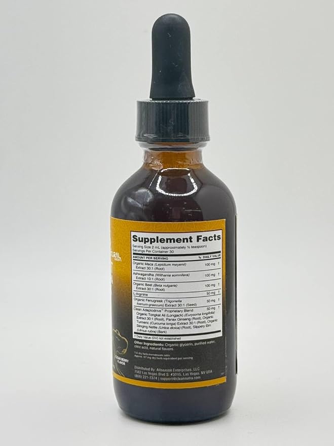 Clean Nutra Organic Maca Root Liquid Drops with Ashwagandha, Fenugreek, Beet Root and L-Arginine Liquid Multivitamin for Women and Men - Adapto Drive