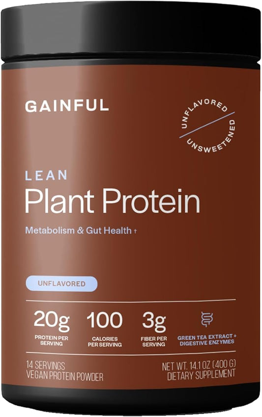 Gainful Lean Plant Protein Powder, 20g Plant Protein per Serving, Unflavored, Supports Lean Muscle, Metabolism, & Satiety, with Green Tea Extract, Digestive Enzymes, Organic Fiber, Vegan, 14 Servings