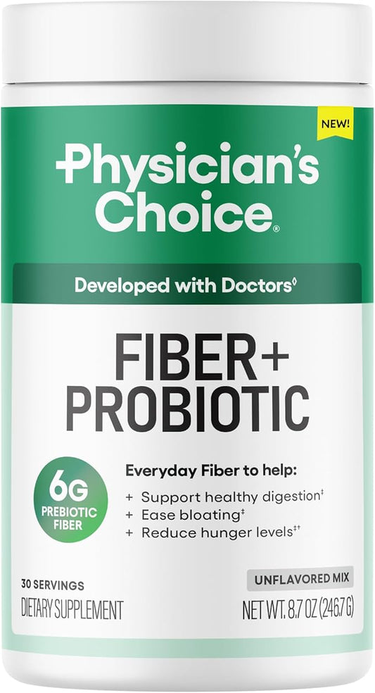 Physician's CHOICE Fiber & Probiotic Powder - Supports Regularity, Bloating, Gas, & Digestive Health - Organic Prebiotics - Sugar Free Formula - Fiber Supplement for Women & Men - Unflavored - 8.7 oz