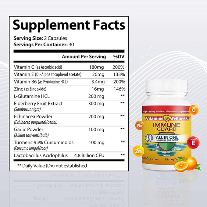 -10 in 1- Made in USA Immune Support Supplement–Elderberry Immune Guard and Booster with Zinc and Vitamin C, Vitamin B6, Turmeric, Garlic, Echinacea 60 Count/1 Month Supply