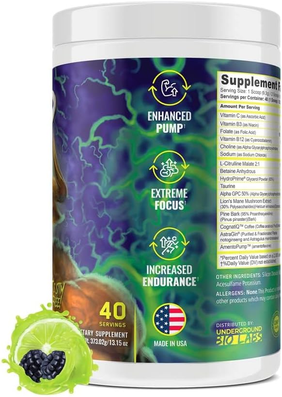 Panda Supps Pump, Pre-Workout, No-Clump Formula w/10G L-Citrulline Malate, Alpha GPC, Lions Mane,CognatiQ™, VasoDrive-AP® 40 Scoops (BlackBerry Lime)