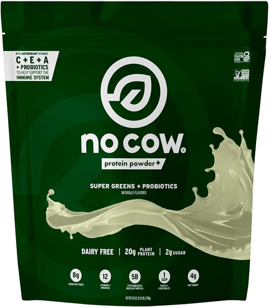 No Cow Plant-Based Protein Powder Plus, 20g Protein with 9 Essential Amino Acids & Super Greens, 5 Billion CFU Probiotics Bacillus Subtilis for Healthy Digestion, Perfect Breakfast Start