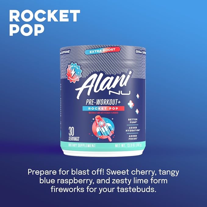 Alani Nu Pre Workout+ Powder Rocket POP, Extra Boost, Sugar Free, 300mg Caffeine, L-Theanine, Beta-Alanine, Citrulline, 30 Servings
