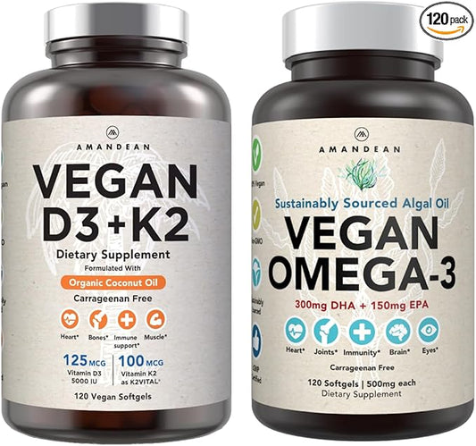 Vegan Powerhouse Combo. Omega-3 from Algal Oil & Vitamin D3 + K2. Plant-Based 5000 iu VIT D from Algae. 100 mcg All-Trans MK-7 Vita K. Carrageenan Free Veggie Softgels.