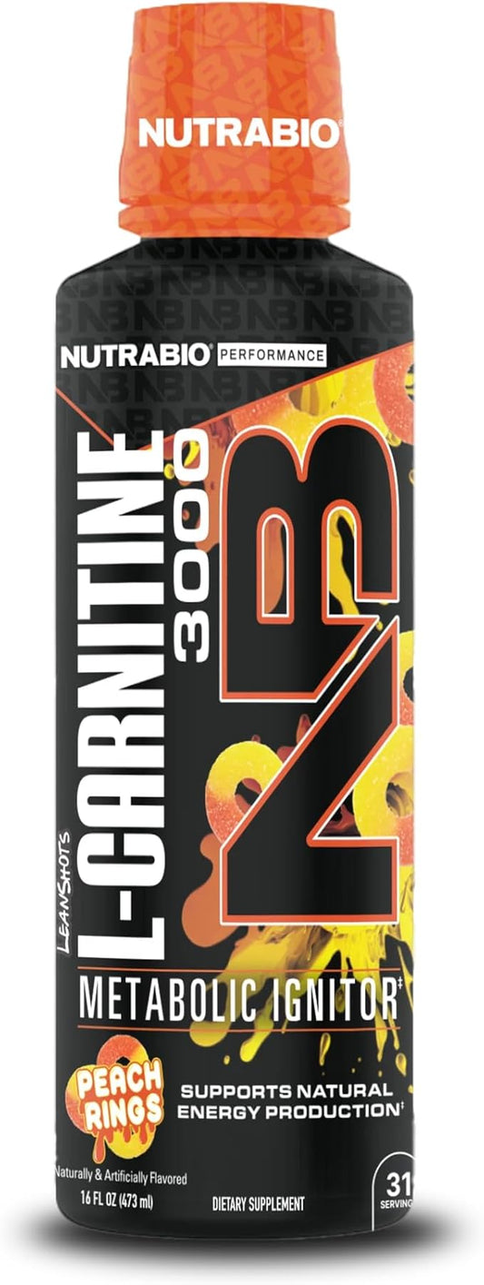 NutraBio – L-Carnitine Liquid Shots – 3000mg, (Peach Rings) – 10mg of Vitamin B-5 – Zero Carbs & Sugars – Energy Production – Muscle Recovery