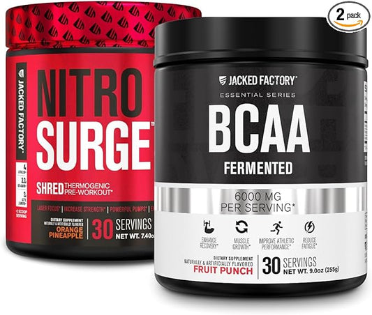 Jacked Factory Nitrosurge Shred Thermogenic Pre-Workout in Orange Pineapple & BCAA in Fruit Punch for Body Recomposition, Muscle Building and Recovery