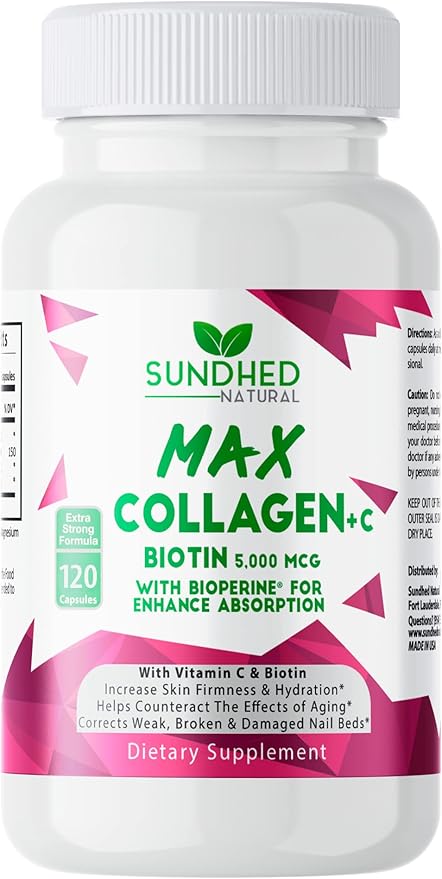 Sundhed Max Collagen Plus C - All Natural Collagen with Biotin & Bioperine to Boost Anti Aging Hydration & Skin Firmness - Strengthen Bones & Nails (Capsules 2-Month) (120 Count)