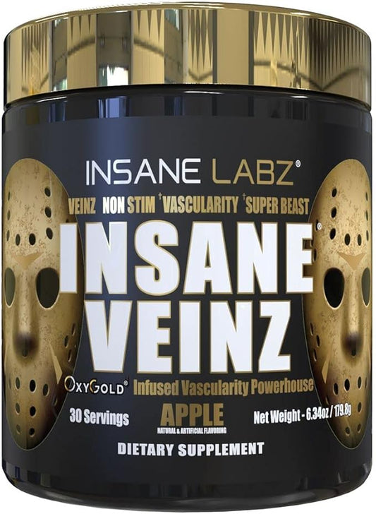 Insane Labz Insane Veinz Gold, Nitric Oxide Non Stimulant pre Workout Powder, Loaded with Hydromax, Nitrosigine, Increases Vascularity and Blood Flow, 30 Srvgs, Apple