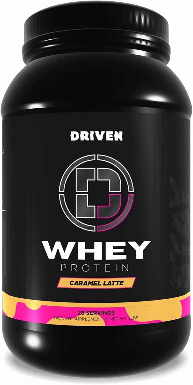 Driven WHEY- Grass Fed Whey Protein Powder: Delicious, Clean Protein Shake- Improve Muscle Recovery with 23 Grams of Protein with Added BCAA and Digestive Enzymes (2 lb, Caramel Latte)