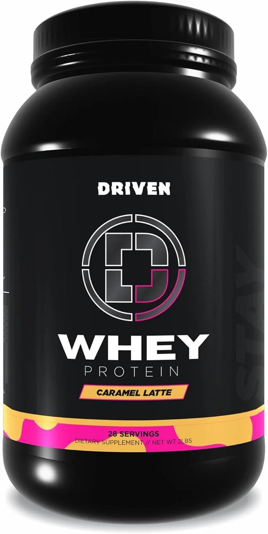 Driven WHEY- Grass Fed Whey Protein Powder: Delicious, Clean Protein Shake- Improve Muscle Recovery with 23 Grams of Protein with Added BCAA and Digestive Enzymes (2 lb, Caramel Latte)