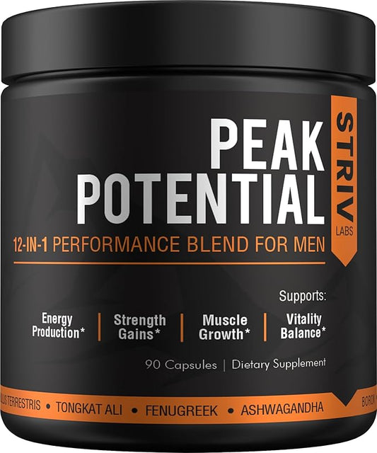 Peak Potential 12-in-1 Testosterone Support for Men – Strength & Energy Supplement – Natural Muscle Builder with Tongkat Ali, Ashwagandha, Fenugreek, Tribulus – 90 Capsules