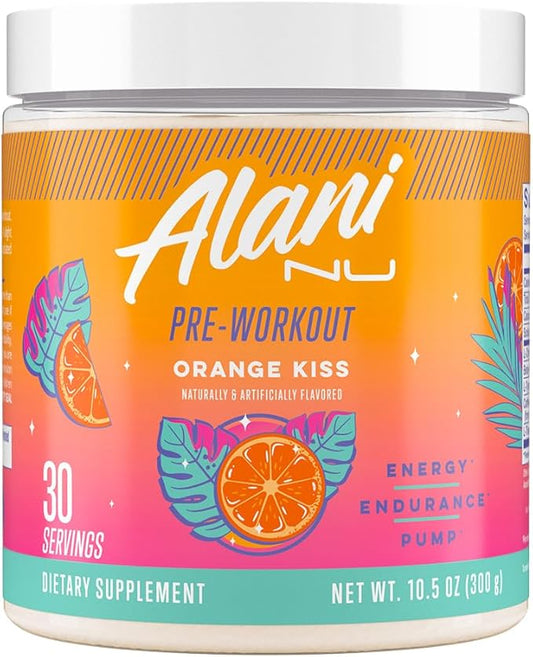 Alani Nu Pre Workout Powder Orange KISS, Amino Energy Boost, Endurance Supplement, Sugar Free, 200mg Caffeine, L-Theanine, Beta-Alanine, Citrulline, 30 Servings
