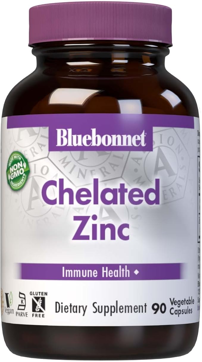 Bluebonnet Nutrition Albion Chelated Zinc, For Immune Health & Enzyme Function*, Soy-Free, Gluten-Free, Non-GMO, Kosher Certified, Dairy-Free, Vegan, 90 Vegetable Capsules, 90 Servings