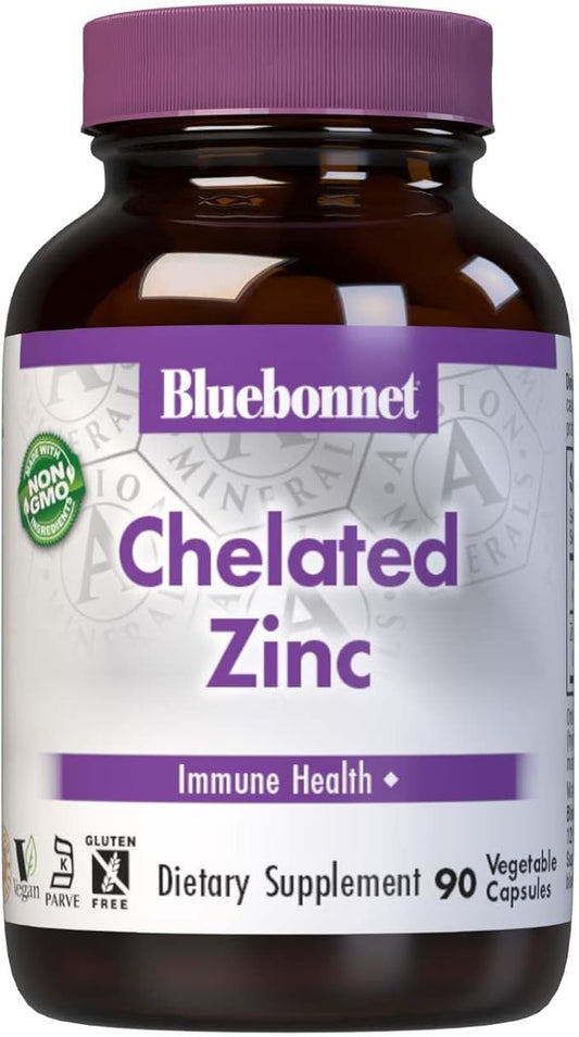 Bluebonnet Nutrition Albion Chelated Zinc, For Immune Health & Enzyme Function*, Soy-Free, Gluten-Free, Non-GMO, Kosher Certified, Dairy-Free, Vegan, 90 Vegetable Capsules, 90 Servings