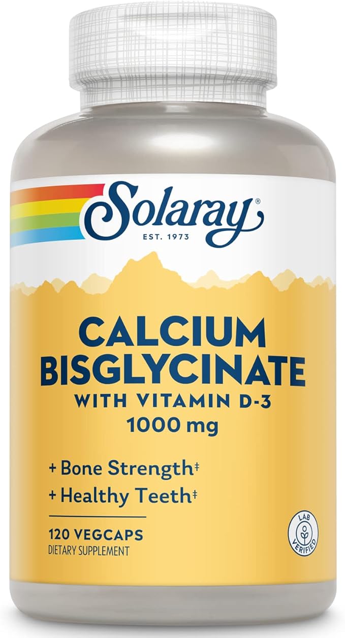 Solaray Calcium Bisglycinate 1000mg with Vitamin D-3, Chelated Calcium Supplement for Bone Strength and Healthy Teeth Support, Enhanced Absorption and Easy to Digest, 30 Servings, 120 VegCaps