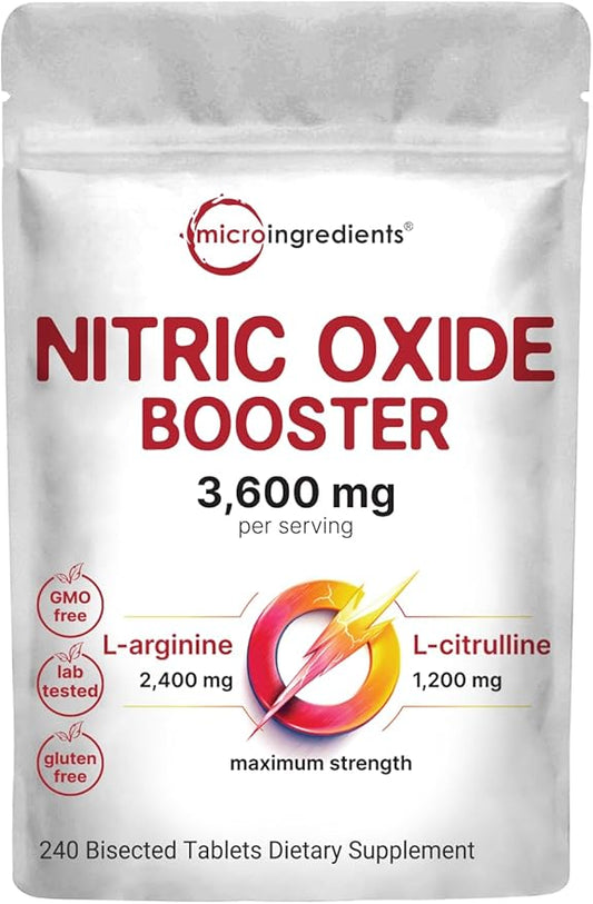 Nitric Oxide Booster 3,600mg Per Serving, 240 Bisected Tablets | Max Strength L-Arginine + L-Citrulline Amino Acid Complex | Supports Muscle, Energy, & Heart Health | Non-GMO, Gluten Free