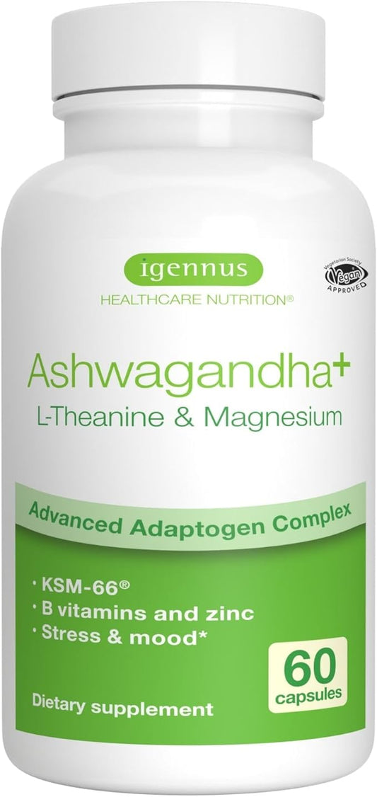 Igennus High Strength Ashwagandha Stress Relief Complex, L-Theanine & Magnesium & KSM-66 Root Extract Adaptogens, Methylated B Vitamins, Calm & Sleep Support, Clean Label, 60 Vegan Capsules