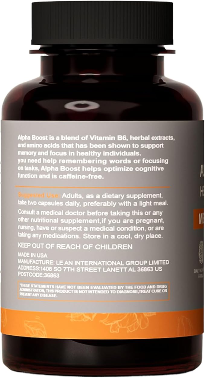 Alpha Boost Swallowable 60 Small Capsules Vitamin B6 L-Tyrosine L-Theanine Phosphatidylserine L-Alpha glycerylphosphorylcholine L-Leucine Enhance Brain Enhance Concentration Enhance Memory