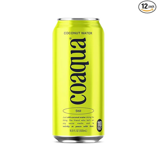 CoAqua Organic Coconut Water, 12 Pack, Natural Electrolytes for Hydration, Naturally Sweet Electrolyte Drink Potassium, Pure Coconut Water Not from Concentrate, Fat Free, Low Sugar, 16.9 Fl Oz Cans