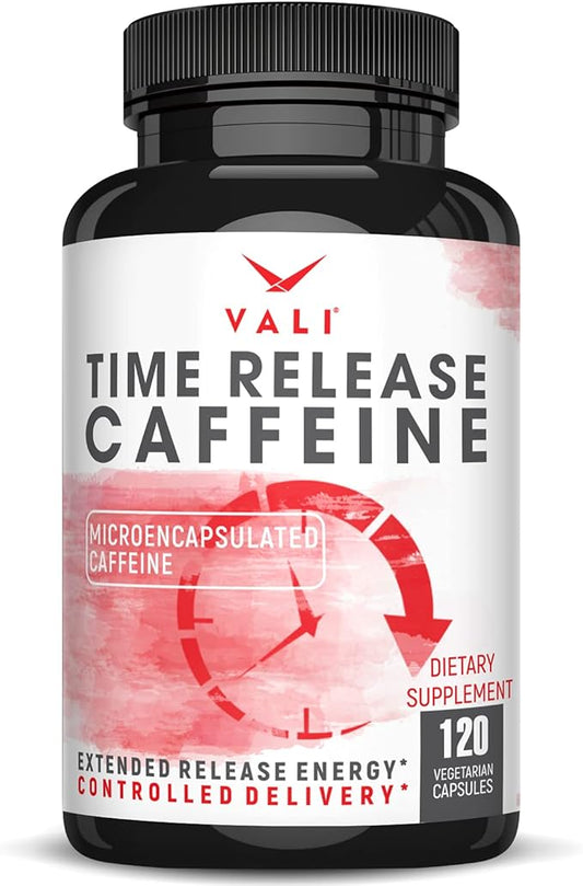 VALI Time Release Caffeine 100mg Pills - Smart Slow Release for Extended Energy & Focus. Advanced Nootropic Supplement. Brain Booster for Active Performance, Alertness & Clarity. 120 Veggie Capsules