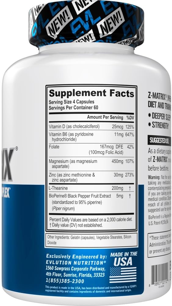 Evlution EVL Post Workout Recovery Bodybuilding Supplement - Magnesium and Zinc - ZMatrix Zinc Magnesium Aspartate Muscle Recovery Supplement for Sleep Support and Muscle Health