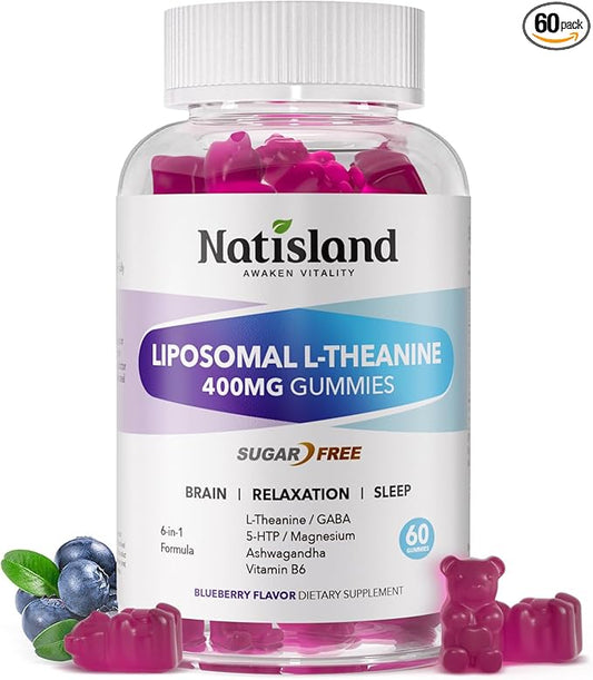 Liposomal L-Theanine Gummies for Adults & Kids, L Theanine 400mg/200mg Supplement with GABA, 5-HTP, Magnesium, Ashwagandha & Vitamin B6 for Focus, Relaxation & Zzz, Sugar-Free, Vegan, 60 Chewable