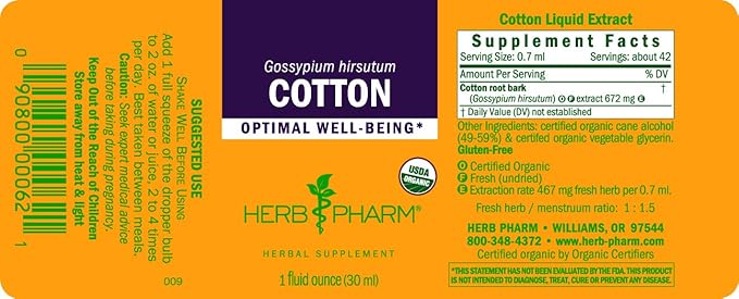 Herb Pharm Certified Organic Cotton Root Liquid Extract, 1 Fl Oz