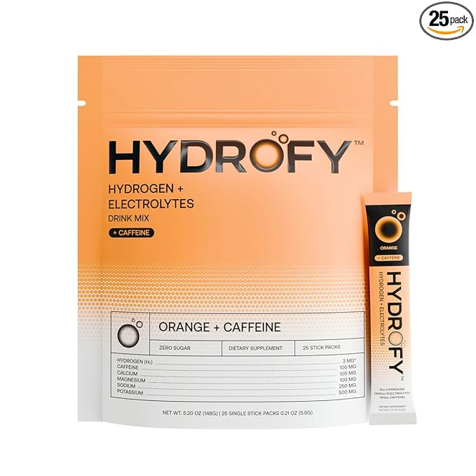 Hydrofy Hydrogen Water + Electrolytes Drink Mix | Superior Hydration Packets with Molecular Hydrogen (H2), Sodium, Potassium, Magnesium, Calcium, and Minerals | No Sugar | Orange + Caffeine 25 ct