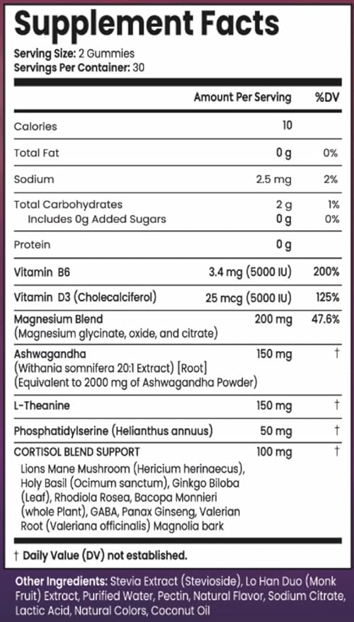 Sugar Free Gummies with GABA, L-Theanine, Lion’s Mane, Ashwagandha, Phosphatidylserine, Vitamin D3, B6, Panax Ginseng, Ginkgo Biloba for Men, Women Adrenal, Cortisol, Brain, Cognitive, Energy