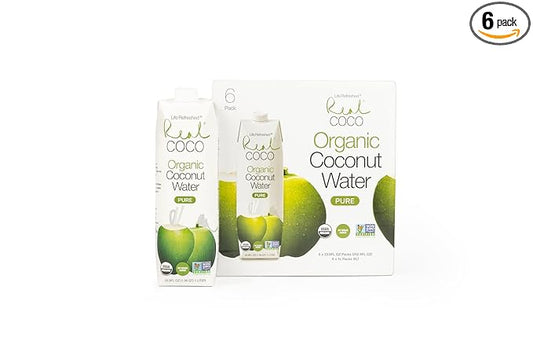 Real Coco Organic Pure Coconut Water (6-Pack 1L), USDA Organic, No Added Sugar, Plant Based, Packed with Electrolytes, Vegan