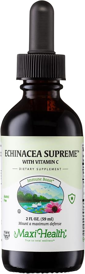 Maxi Health - Organic Echinacea Supreme Liquid Extract with Vitamin C - Immune Support Supplement Echinacea Drops - 1000mg Echinacea Root & Whole Plant Herb Extract - 2 Fl Oz Immune Booster Bottle