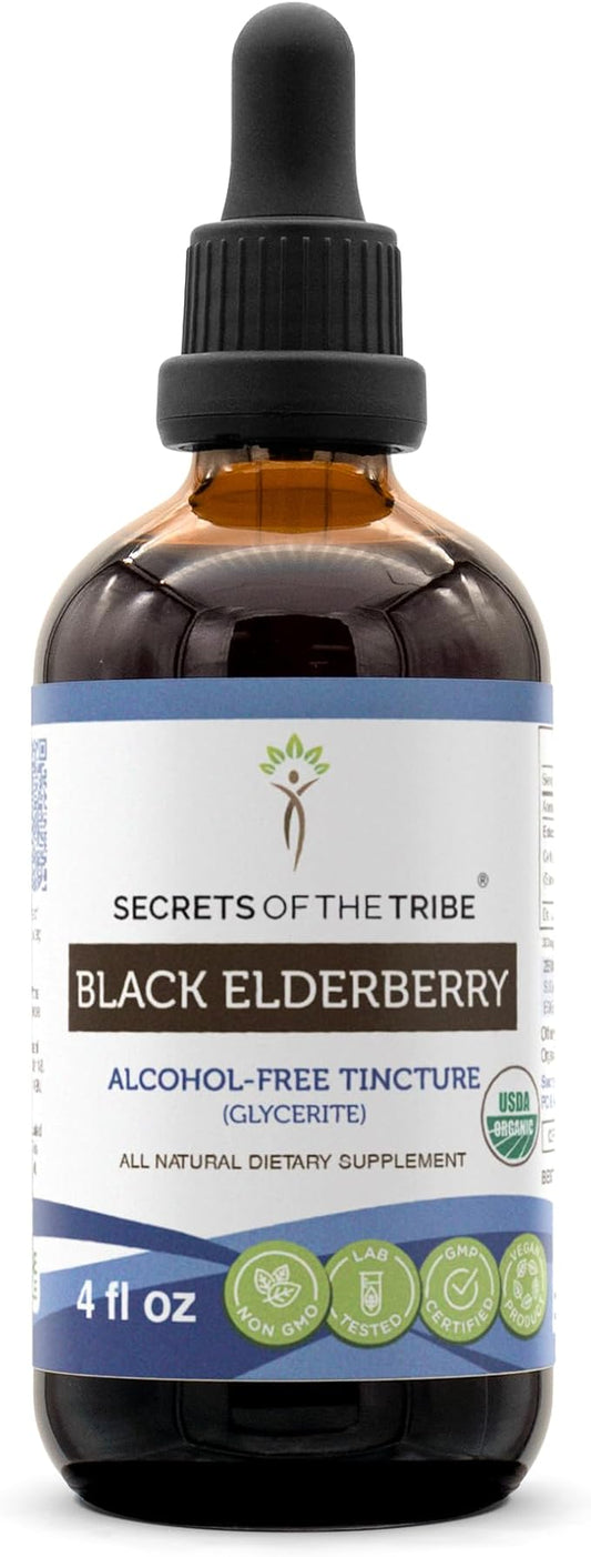 Secrets of the Tribe Black Elderberry Alcohol-Free Tincture (Glycerite) 680 mg USDA Organic Black Elderberry (Sambucus Nigra) Dried Berry (4 Fl Oz) Immune Support Supplement