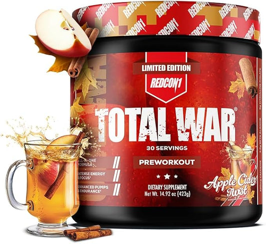 REDCON1 Total War Pre Workout Powder, Apple Cider - Beta Alanine + Citrulline Malate Keto Friendly Preworkout for Men & Women with 320mg of Caffeine - Fast Acting (30 Servings)