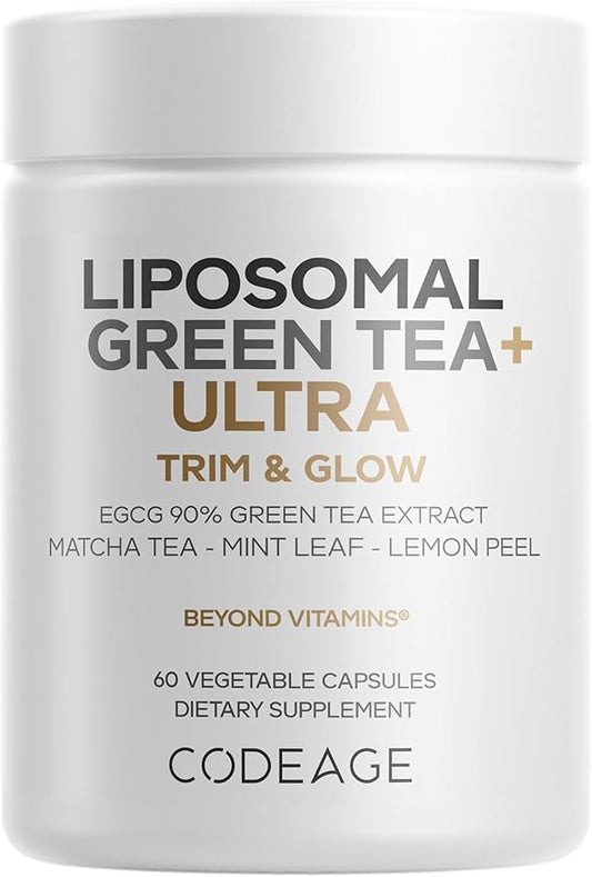 Codeage Liposomal Green Tea+ Ultra Potency - EGCG 90% Green Tea Extract, Organic Matcha Green Tea Powder, Peppermint, Lemon Peel - Vegan, Non-GMO, Gluten-Free - Liposomal Delivery - 60 Capsules