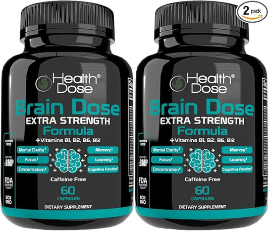 Brain Dose Premium Nootropics - Caffeine-Free Extra Strength Formula for Men & Women - Supports Brain Health, Cognitive Focus & Memory Retention, Pack of 2.