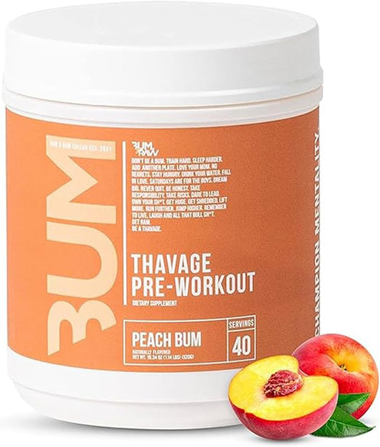 RAW Thavage Pre Workout - Peach Bum Chris Bumstead Pre Workout Formula, Sports Nutrition Pre-Workout Powders Men & Womens Preworkout Drink, Energy Powder for Working Out 40 Servings 1 17.6 Ounce