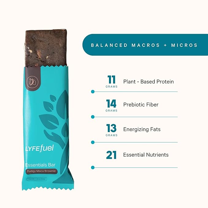 Meal Replacement Bar by LyfeFuel - Vegan Protein Bar Packed with Organic Superfoods, Fiber & 21 Essential Nutrients from 100% Plant Based Whole Foods (Fudgy Brownie - Box of 10) Gluten Free, Paleo
