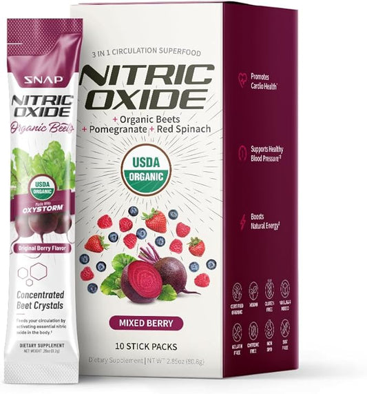 Snap Supplements USDA Organic Beet Root Powder, 3-in-1 Nitric Oxide Supplement, Support Healthy Blood Pressure and Blood Circulation, 250g (10 Stick Packs, Original Berry)