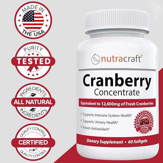 #1 Cranberry Extract Supplement for Bladder & Urinary Tract Support | 12,600 mg of Fresh Cranberries, Vitamin C & E and Polyphenols | Lab Tested & Easy to Swallow | 60 Softgels
