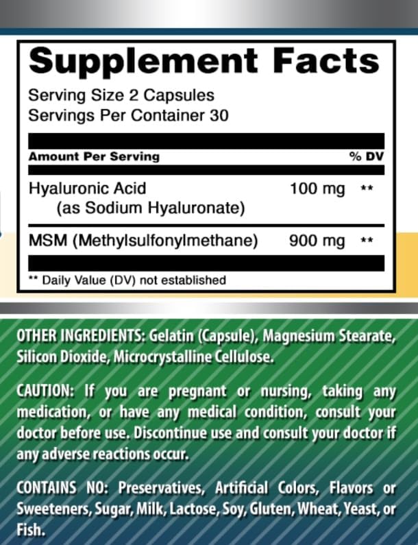 Amazing Formulas Hyaluronic Acid & MSM Supplement | 1000 Mg Per Serving | Capsules | Non-GMO | Gluten Free | Made in USA (1 Pack, 60 Count)