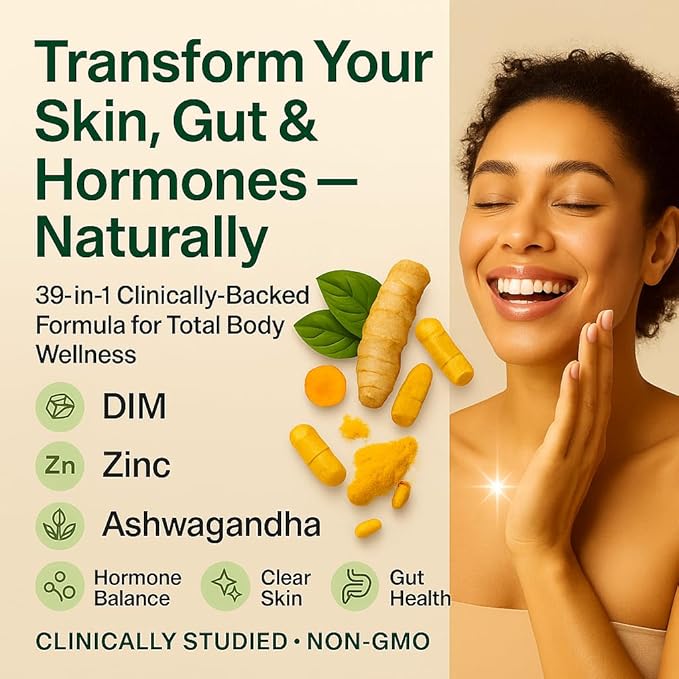 39-in-1 Skin, Gut & Hormone | Cortisol Support – with DIM, Zinc, Probiotics, Ashwagandha, Turmeric & Antioxidants – Clinically-Backed Supplement for Women & Men – Acne, Immune & Detox – 90 Capsules