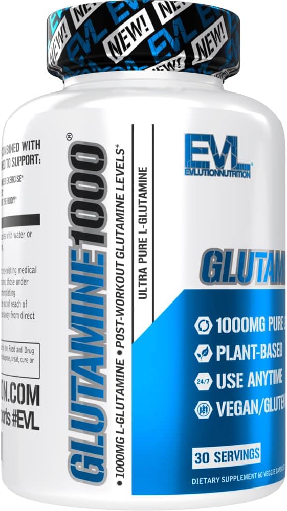 Evlution Nutrition L-Glutamine 1000, 1g Pure L Glutamine Per Serving, Post Workout, Nitrogen Transporter, Immune Support, Vegan, Gluten-Free, Veggie Capsules (30 Servings)
