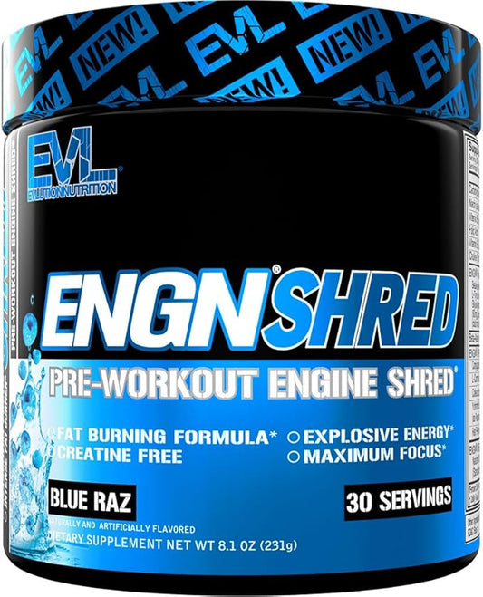EVL Ultimate Pre Workout Powder - Thermogenic Fat Burn Support Preworkout Powder Drink for Lasting Energy Focus and Stamina - ENGN Shred Intense Creatine Free Preworkout Drink Mix - Blue Raz