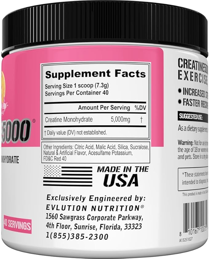 Evlution Nutrition Creatine 5000 - Supports Faster Recovery, Lean Muscle Growth & Performance - Pre & Post Workout Powder - 5000mg Pure Creatine Monohydrate Per Serving - 40 Servings - Pink Lemonade
