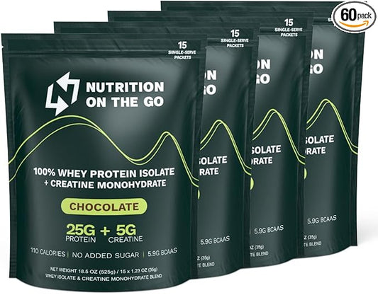 Chocolate Whey Protein Powder with Creatine – 25g Protein, 5g Creatine – Single-Serve Packets for Travel, Gym, and On The Go – Easy Mix, Gluten-Free (60-Pack)