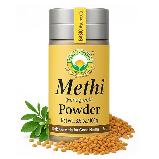 BASIC AYURVEDA Methi (Fenugreek) Powder – 3.53 Oz (100g) | Pure Ground Fenugreek for Culinary Use, Herbal Tea, Hair & Skin Care | All-Natural, Non-GMO, Resealable Jar