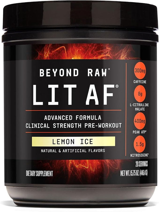 BEYOND RAW LIT Advanced Pre-Workout Formula, Lemon Ice, for Energy, Focus, Endurance, Pumps, with 300mg Rapid and Targeted Release Caffeine, Creatine, Betaine, Beta Alanine, Taurine, 20 Servings