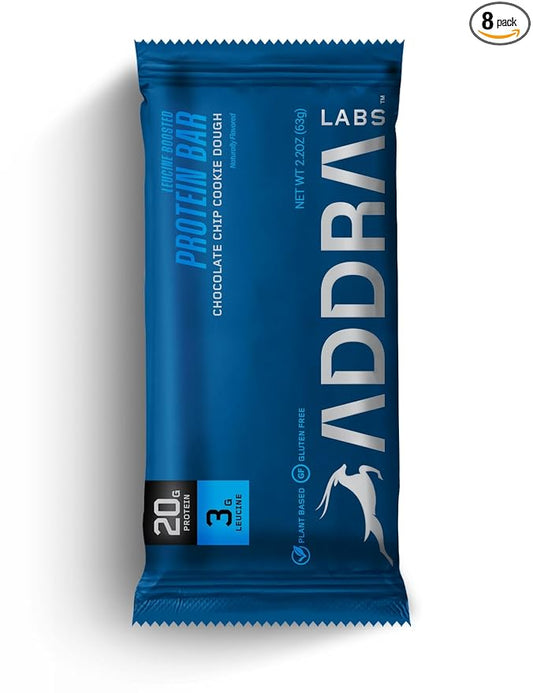 ADDRA Protein Bars - 20g Plant-based Muscle Recovery Protein Bars with 3g of the Recovery BCAA, Leucine, for Runners, Cyclists, Triathletes, Gluten-Free, Low Sugar, Vegan, Chocolate Chip Cookie Dough Flavor, 8 bars
